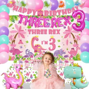 KOTLMIGHT Dinosaur Birthday Party Supplies for 3 Year Old Girl, Three Rex Pink Dinosaur Dino Party Decorations for Girls Baby - Backdrop, Banner, Toppers, Cupcakes Wrappers, Balloons and Tablecloth