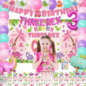 KOTLMIGHT Dinosaur Birthday Party Supplies for 3 Year Old Girl, Three Rex Pink Dinosaur Dino Party Decorations for Girls Baby - Backdrop, Banner, Toppers, Cupcakes Wrappers, Balloons and Tablecloth