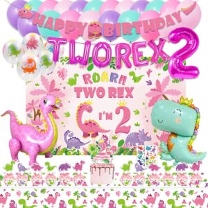 kotlmight dinosaur birthday party supplies for 2 year old girl, two rex pink dinosaur dino party decorations for girls baby - backdrop, banner, toppers, cupcakes wrappers, balloons and tablecloth