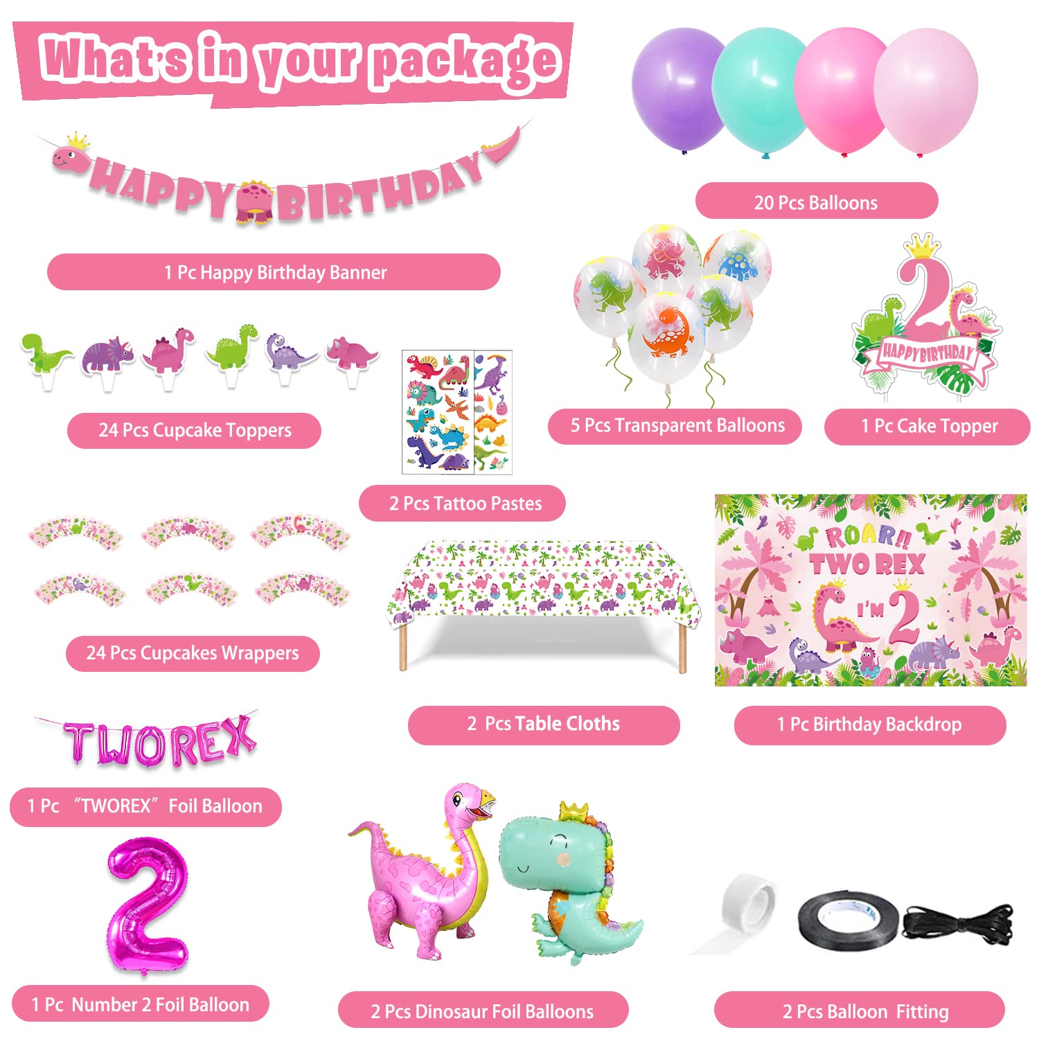 KOTLMIGHT Dinosaur Birthday Party Supplies for 2 Year Old Girl, Two Rex Pink Dinosaur Dino Party Decorations for Girls Baby - Backdrop, Banner, Toppers, Cupcakes Wrappers, Balloons and Tablecloth