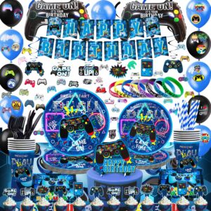 kotlmight blue gamer birthday party decoration - 270pcs video game gaming party supplies for boys birthday party - table cover, plates, cups, napkins, utensils, stickers, bracelets serves 16 guests