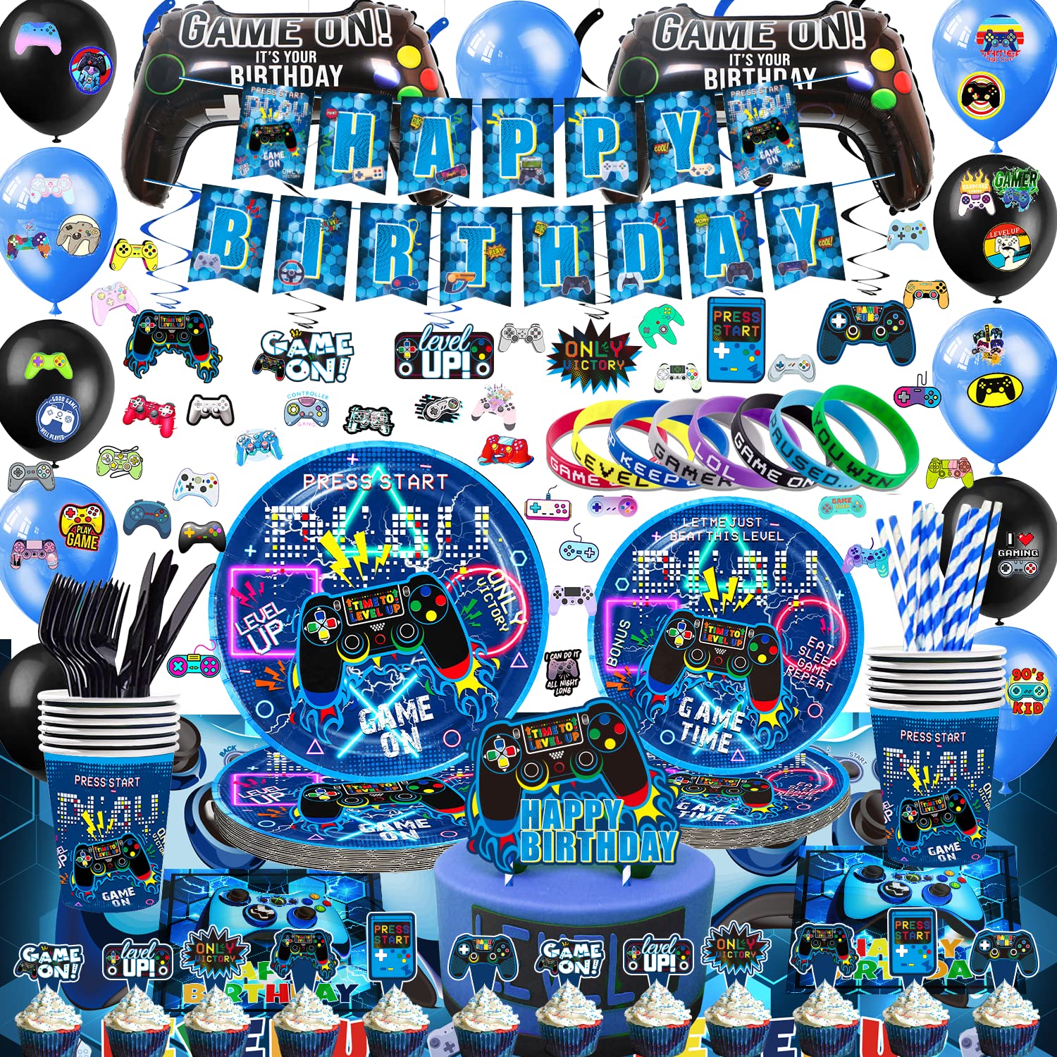 KOTLMIGHT Blue Gamer Birthday Party Decoration - 270Pcs Video Game Gaming Party Supplies For Boys Birthday Party - Table Cover, Plates, Cups, Napkins, Utensils, Stickers, Bracelets Serves 16 Guests