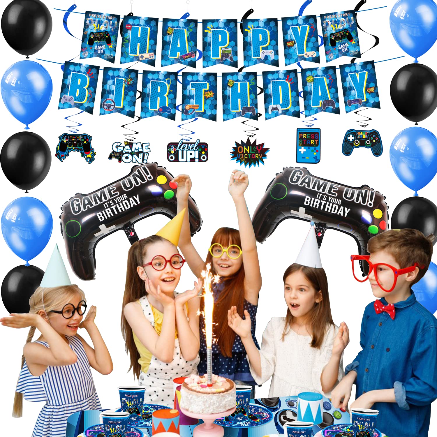 KOTLMIGHT Blue Gamer Birthday Party Decoration - 270Pcs Video Game Gaming Party Supplies For Boys Birthday Party - Table Cover, Plates, Cups, Napkins, Utensils, Stickers, Bracelets Serves 16 Guests