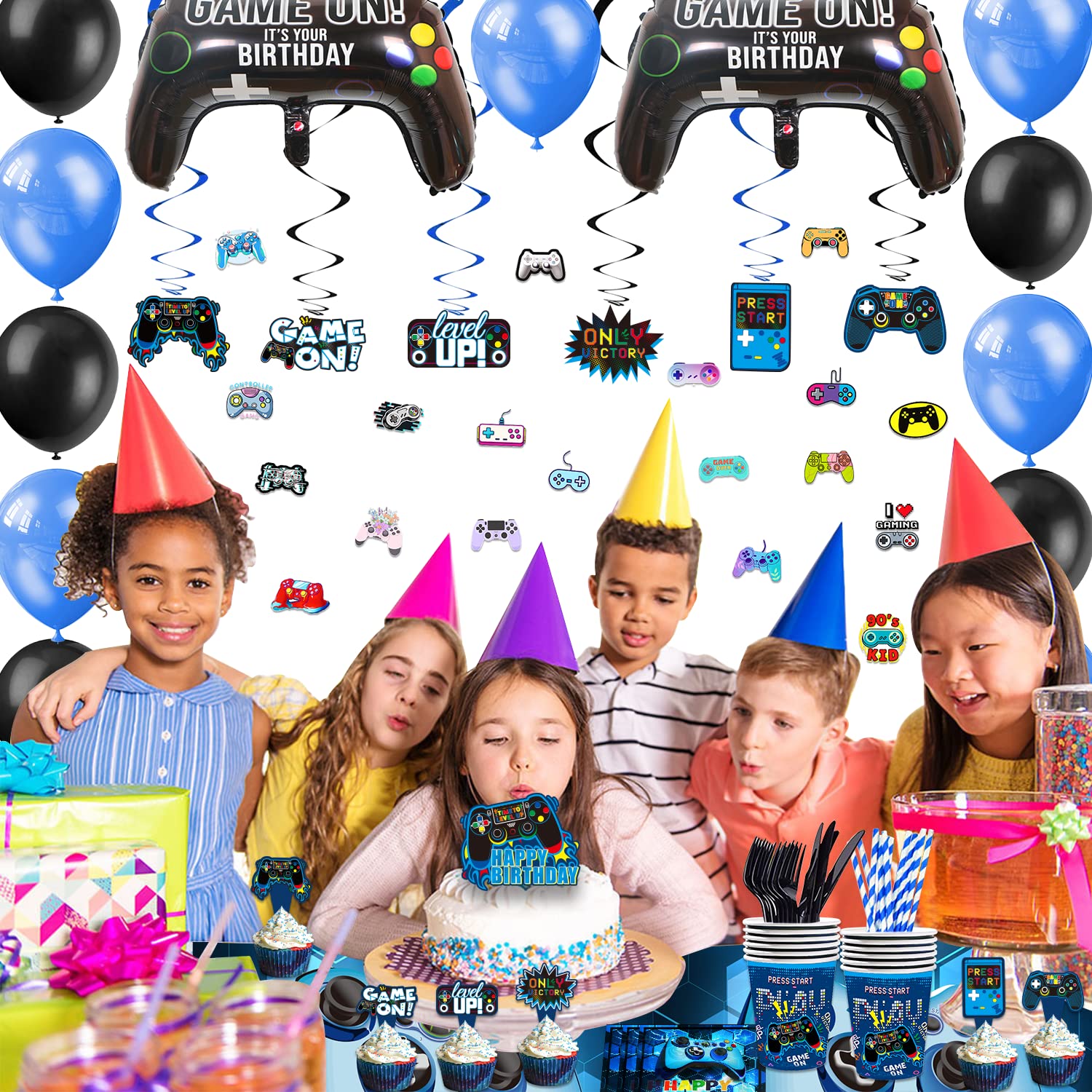 KOTLMIGHT Blue Gamer Birthday Party Decoration - 270Pcs Video Game Gaming Party Supplies For Boys Birthday Party - Table Cover, Plates, Cups, Napkins, Utensils, Stickers, Bracelets Serves 16 Guests