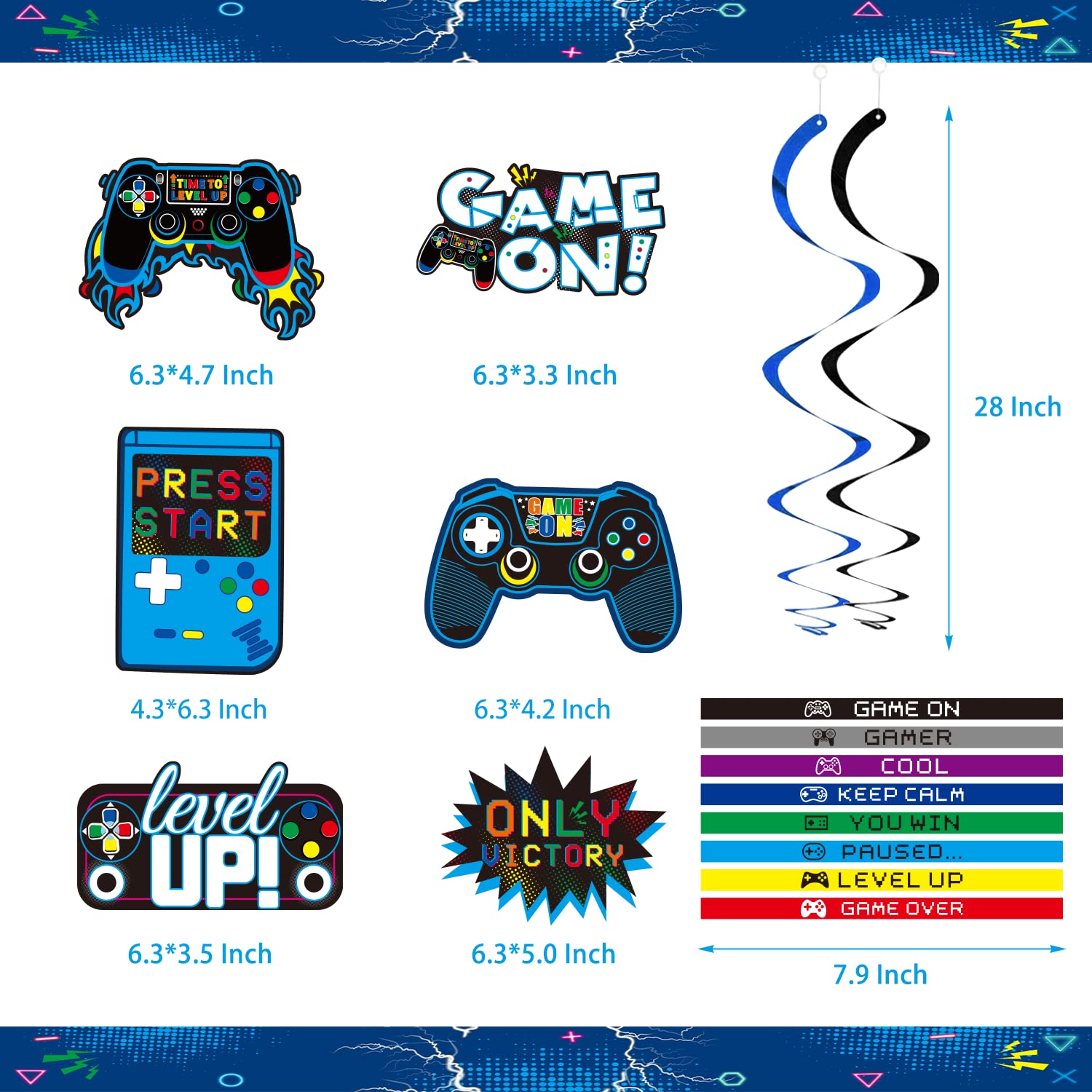 KOTLMIGHT Blue Gamer Birthday Party Decoration - 270Pcs Video Game Gaming Party Supplies For Boys Birthday Party - Table Cover, Plates, Cups, Napkins, Utensils, Stickers, Bracelets Serves 16 Guests