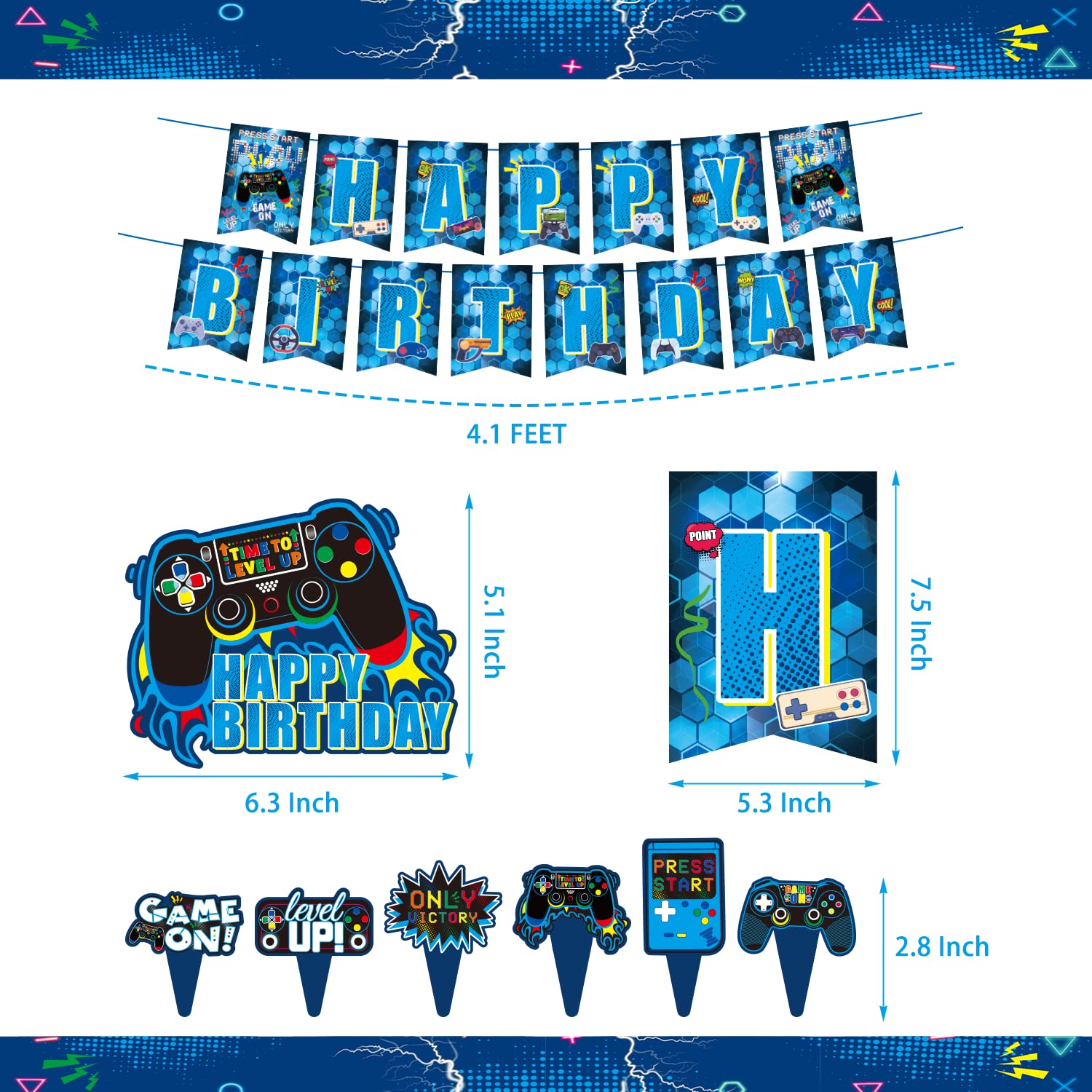 KOTLMIGHT Blue Gamer Birthday Party Decoration - 270Pcs Video Game Gaming Party Supplies For Boys Birthday Party - Table Cover, Plates, Cups, Napkins, Utensils, Stickers, Bracelets Serves 16 Guests