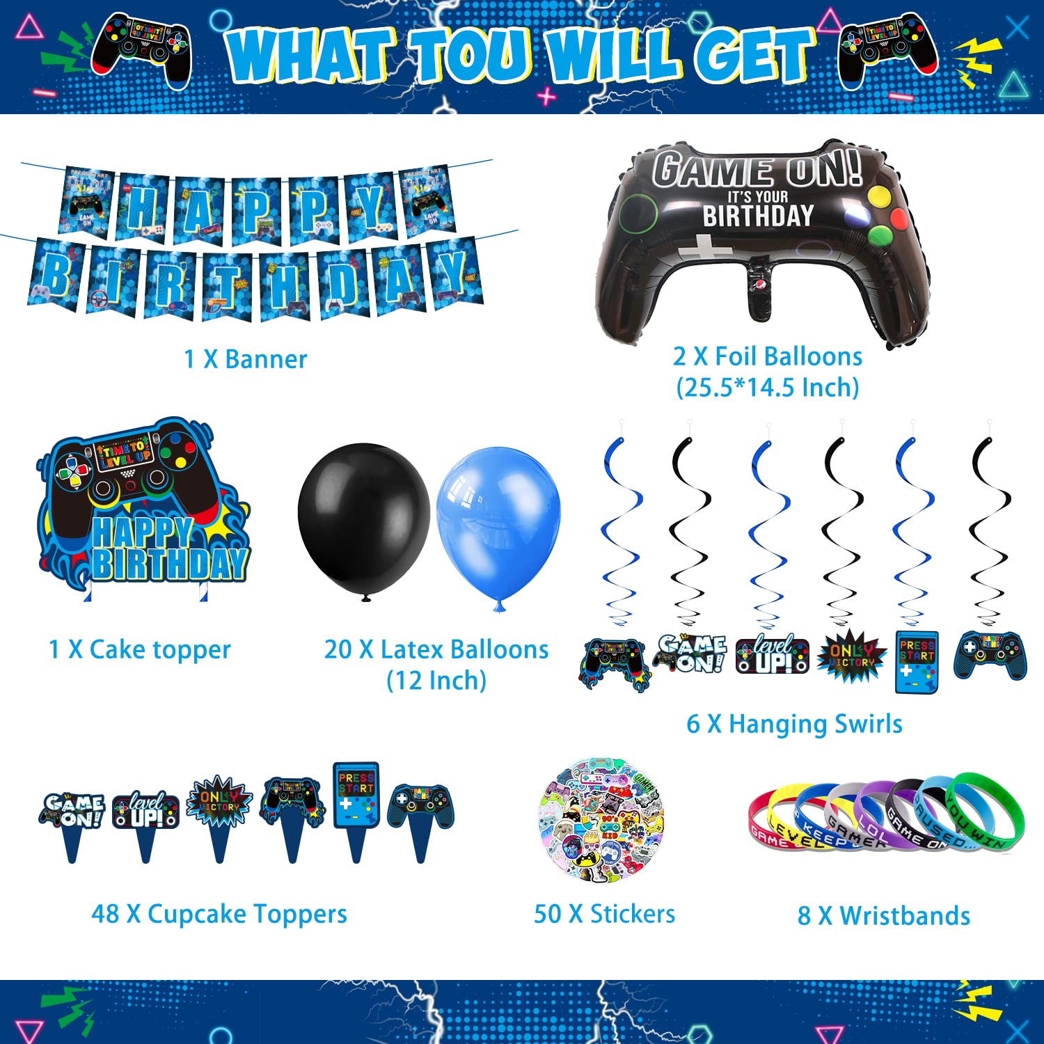 KOTLMIGHT Blue Gamer Birthday Party Decoration - 270Pcs Video Game Gaming Party Supplies For Boys Birthday Party - Table Cover, Plates, Cups, Napkins, Utensils, Stickers, Bracelets Serves 16 Guests