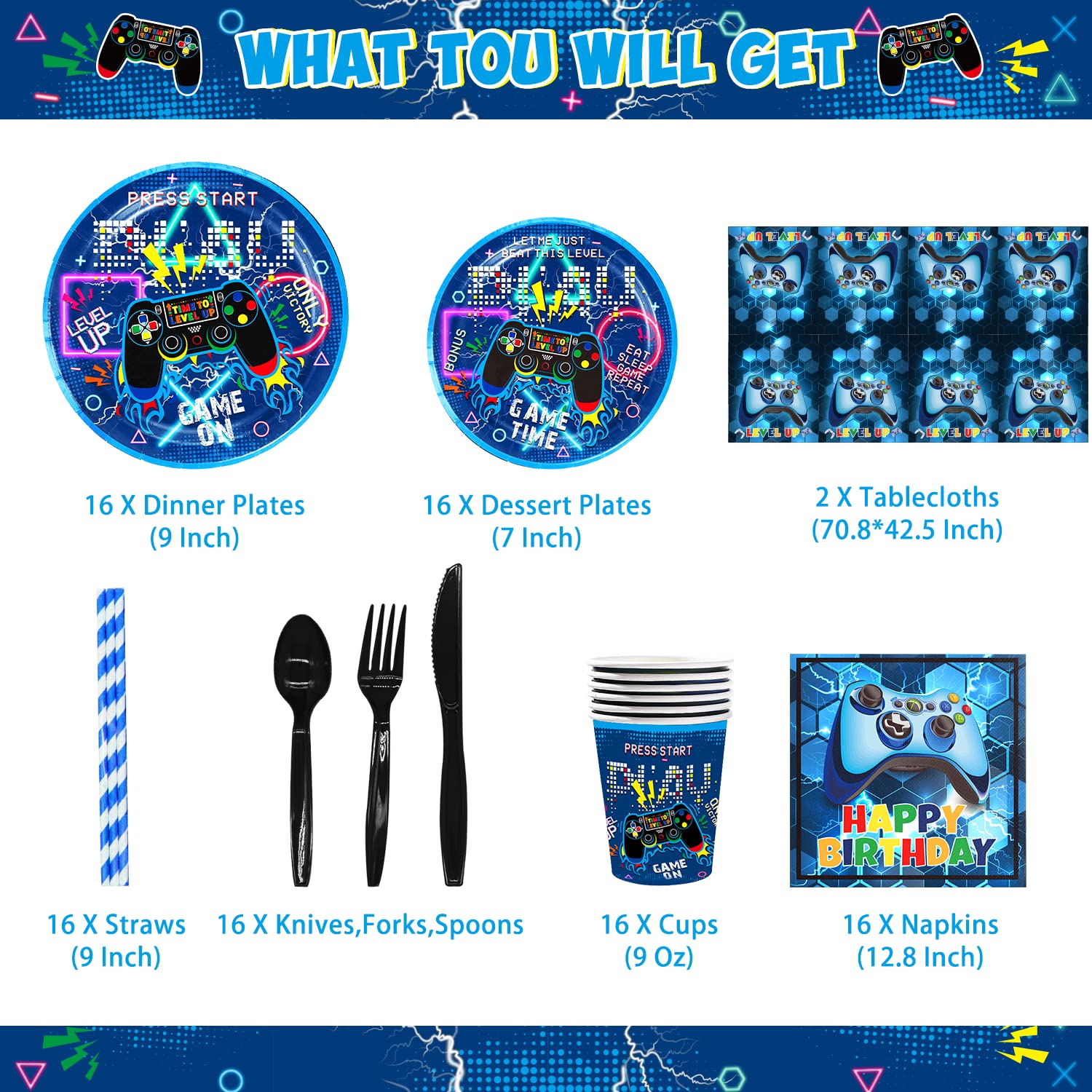 KOTLMIGHT Blue Gamer Birthday Party Decoration - 270Pcs Video Game Gaming Party Supplies For Boys Birthday Party - Table Cover, Plates, Cups, Napkins, Utensils, Stickers, Bracelets Serves 16 Guests