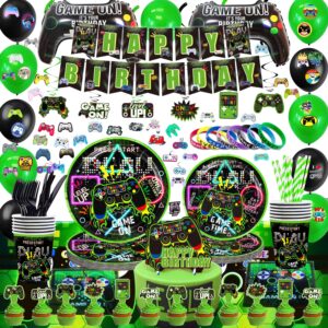 kotlmight green gamer birthday party decoration - 269pcs video game gaming party supplies for boys birthday party - table cover, utensils, hanging swirls, birthday banner, stickers, bracelets