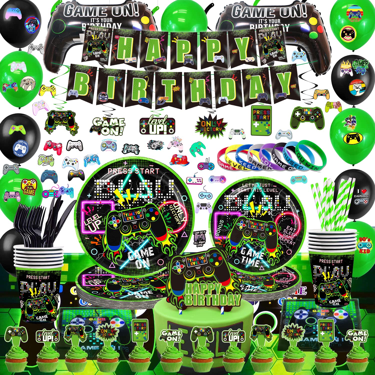 KOTLMIGHT Green Gamer Birthday Party Decoration - 269Pcs Video Game Gaming Party Supplies For Boys Birthday Party - Table Cover, Utensils, Hanging Swirls, Birthday Banner, Stickers, Bracelets