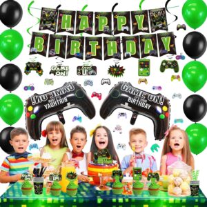 KOTLMIGHT Green Gamer Birthday Party Decoration - 269Pcs Video Game Gaming Party Supplies For Boys Birthday Party - Table Cover, Utensils, Hanging Swirls, Birthday Banner, Stickers, Bracelets