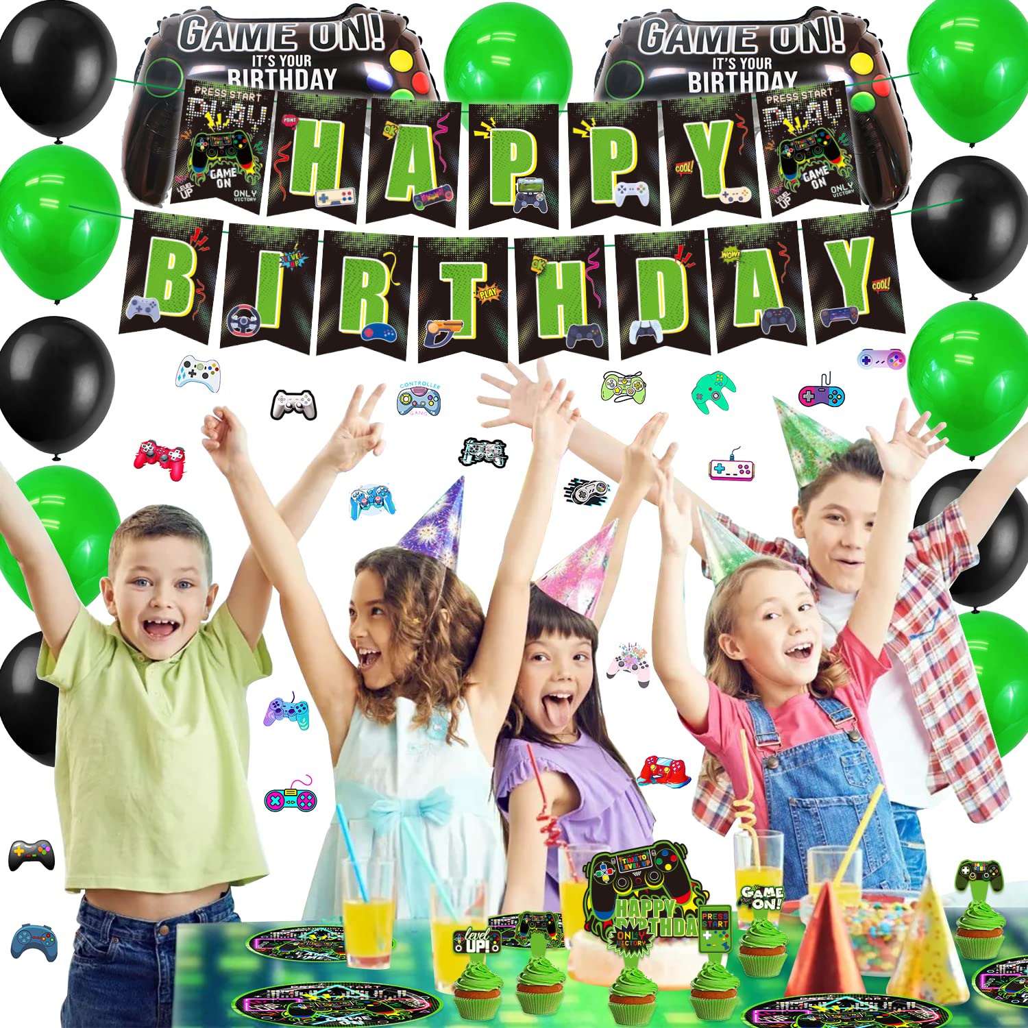 KOTLMIGHT Green Gamer Birthday Party Decoration - 269Pcs Video Game Gaming Party Supplies For Boys Birthday Party - Table Cover, Utensils, Hanging Swirls, Birthday Banner, Stickers, Bracelets