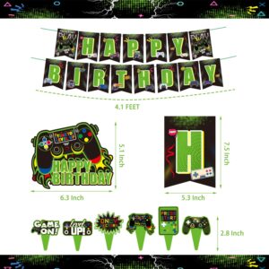 KOTLMIGHT Green Gamer Birthday Party Decoration - 269Pcs Video Game Gaming Party Supplies For Boys Birthday Party - Table Cover, Utensils, Hanging Swirls, Birthday Banner, Stickers, Bracelets