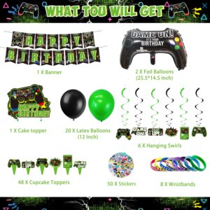 KOTLMIGHT Green Gamer Birthday Party Decoration - 269Pcs Video Game Gaming Party Supplies For Boys Birthday Party - Table Cover, Utensils, Hanging Swirls, Birthday Banner, Stickers, Bracelets