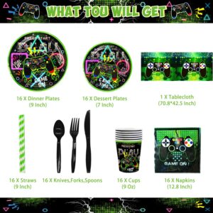 KOTLMIGHT Green Gamer Birthday Party Decoration - 269Pcs Video Game Gaming Party Supplies For Boys Birthday Party - Table Cover, Utensils, Hanging Swirls, Birthday Banner, Stickers, Bracelets