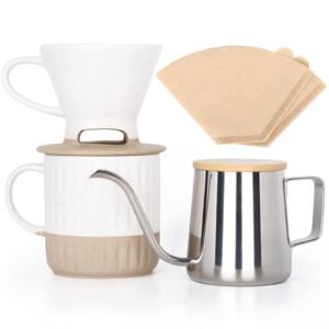 aels pour over coffee maker gift set, includes ceramic coffee dripper brewer & coffee mug with lid, stainless steel gooseneck kettle & 5pcs coffee filter, manual single cup coffee maker, gift idea