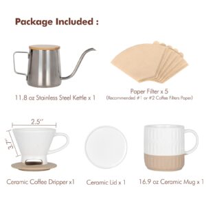 AELS Pour Over Coffee Maker Gift Set, Includes Ceramic Coffee Dripper Brewer & Coffee Mug with Lid, Stainless Steel Gooseneck Kettle & 5pcs Coffee Filter, Manual Single Cup Coffee Maker, Gift Idea