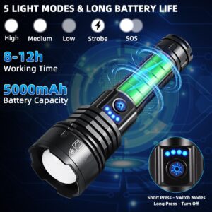 Flashlights High Lumens Rechargeable, 990000LM Super Bright Flashlight, Adjustable Tactical Flashlight, 5Mode Flash Light High Powered, Waterproof LED Flashlight for Camping, Hiking, Home, Emergencies