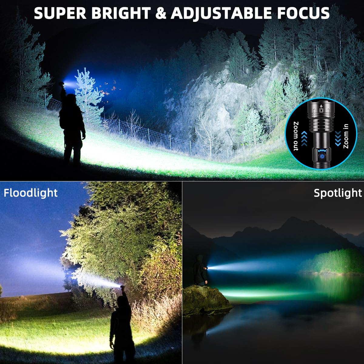 Flashlights High Lumens Rechargeable, 990000LM Super Bright Flashlight, Adjustable Tactical Flashlight, 5Mode Flash Light High Powered, Waterproof LED Flashlight for Camping, Hiking, Home, Emergencies