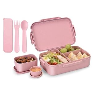 2045ml large bento box, wheat fiber kids/adults lunch box, with removable 100% leak-proof compartments, bpa-free lightweight and easy open to-go food container for school, work, picnic -pink