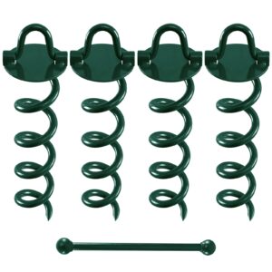feed garden 12.2 inch spiral ground anchors kit heavy duty screw in earth anchors with crow bar, 4 pack folding ring shed anchor kit ground stakes for securing dogs,tents, canopies, swing sets,green
