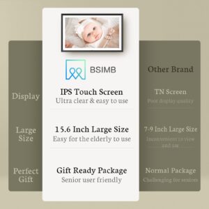 BSIMB 15.6 Inch FHD 64GB Extra Large WiFi Digital Picture Frame, Smart Photo Frame 1920x1080 IPS Touchscreen, Motion Sensor, Send Picture from Anywhere, Gift for Mother's Day