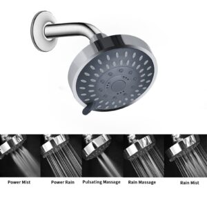 Briout Shower Head, High Pressure Shower Heads 4.1 Inch 5 Settings Rain High Flow Fixed Showerhead for Luxury Shower Experience Even at Low Water Pressure, Chrome