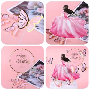 Cadeya Butterfly Happy Birthday Cake Toppers Set, 56 Pcs Butterfly Cake Decorations Party Supplies with 1 Pcs Metal Gold Happy Birthday Cake Topper for Kids Wedding (Pink)