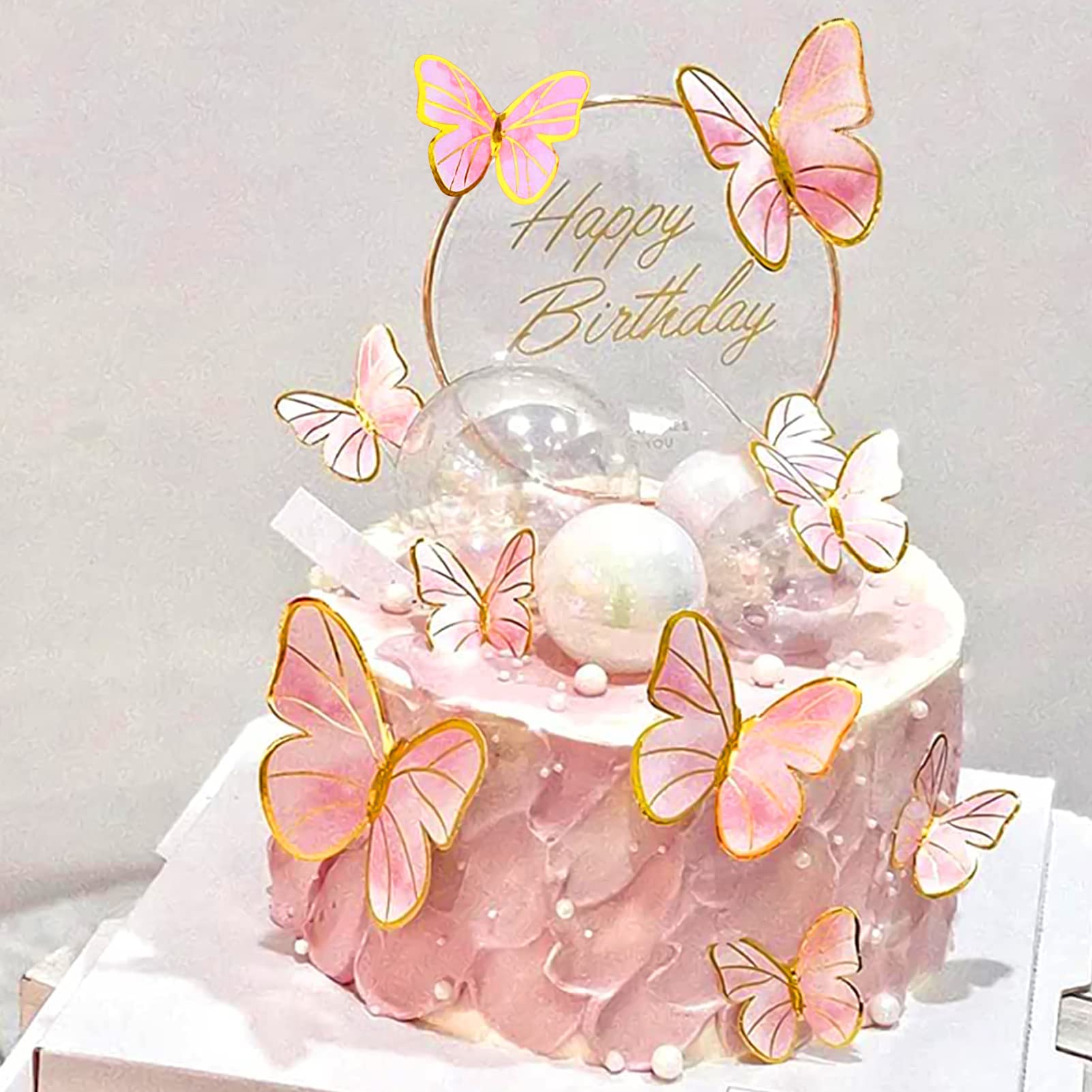 Cadeya Butterfly Happy Birthday Cake Toppers Set, 56 Pcs Butterfly Cake Decorations Party Supplies with 1 Pcs Metal Gold Happy Birthday Cake Topper for Kids Wedding (Pink)