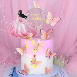 Cadeya Butterfly Happy Birthday Cake Toppers Set, 56 Pcs Butterfly Cake Decorations Party Supplies with 1 Pcs Metal Gold Happy Birthday Cake Topper for Kids Wedding (Pink)