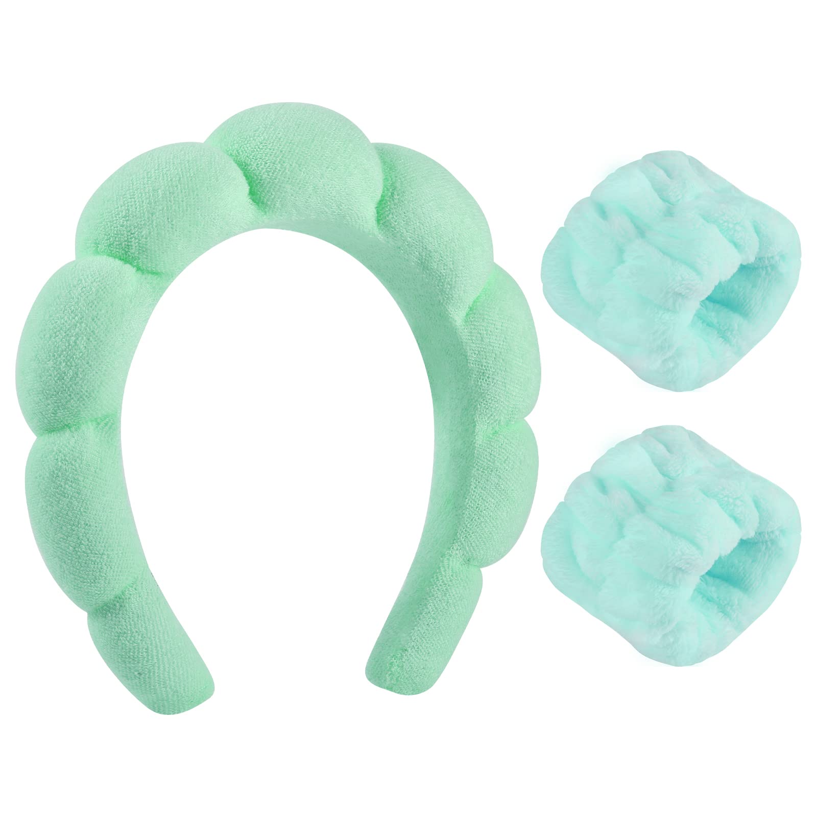 Sponge Spa Headband for Women, Green Makeup Headband and Wrist Washband Set for Face Washing, Skincare, Shower, Makeup Removal