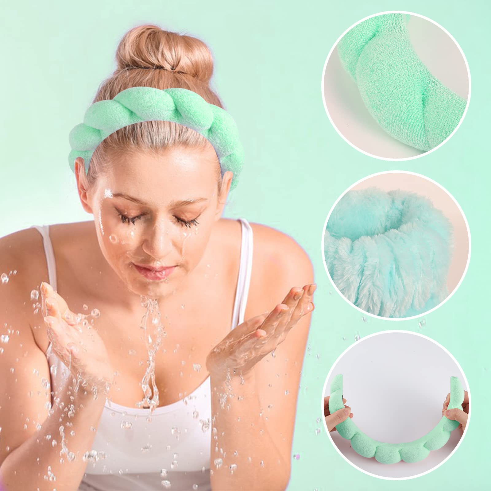 Sponge Spa Headband for Women, Green Makeup Headband and Wrist Washband Set for Face Washing, Skincare, Shower, Makeup Removal