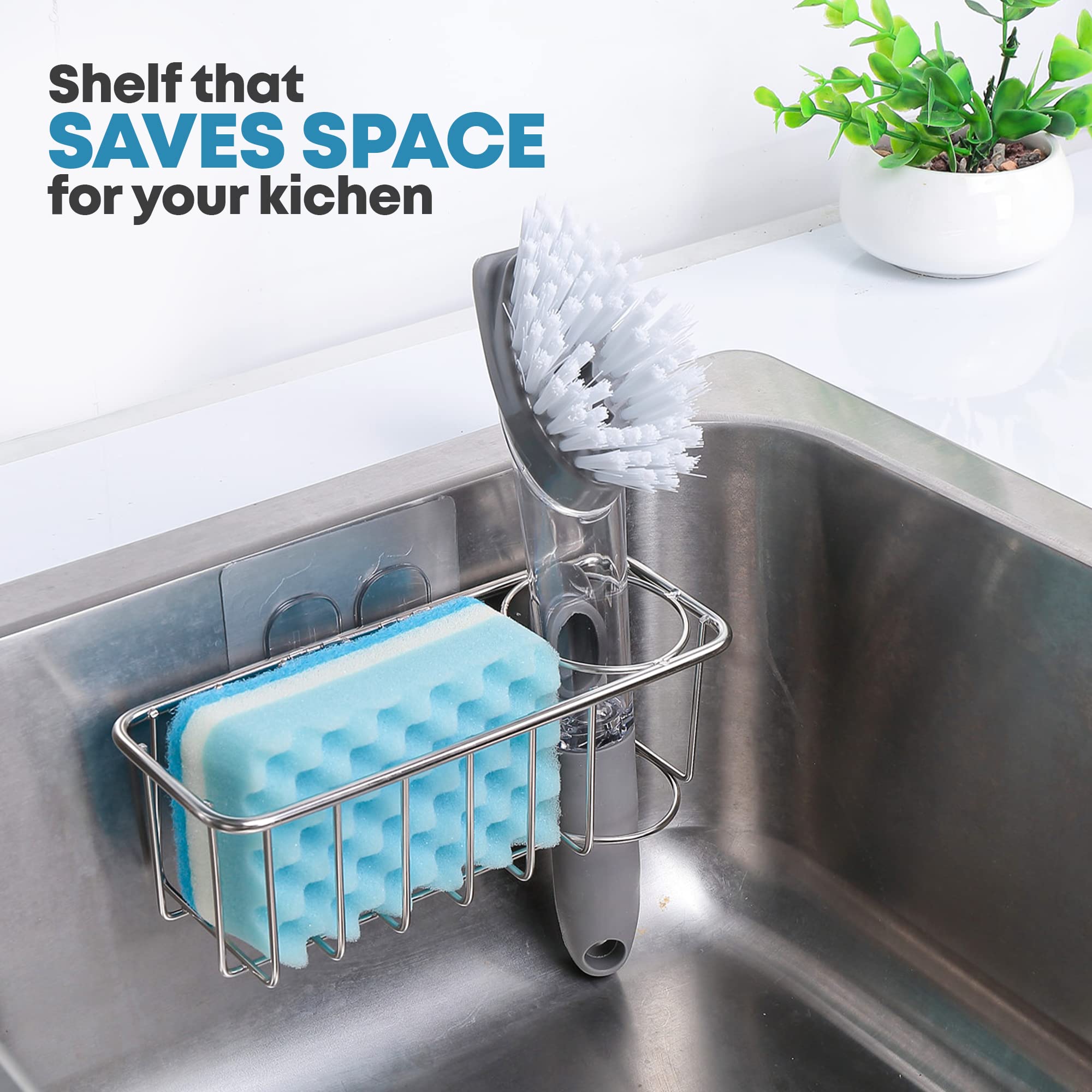 KESOL 3-in-1 Kitchen Sink Caddy with Adhesive Sponge Holder for Kitchen Sink + Dish Cloth Hanger + Dish Brush Holder, 304 Stainless Steel Rust Proof, Water Proof, No Drilling Kitchen Sink Accessories