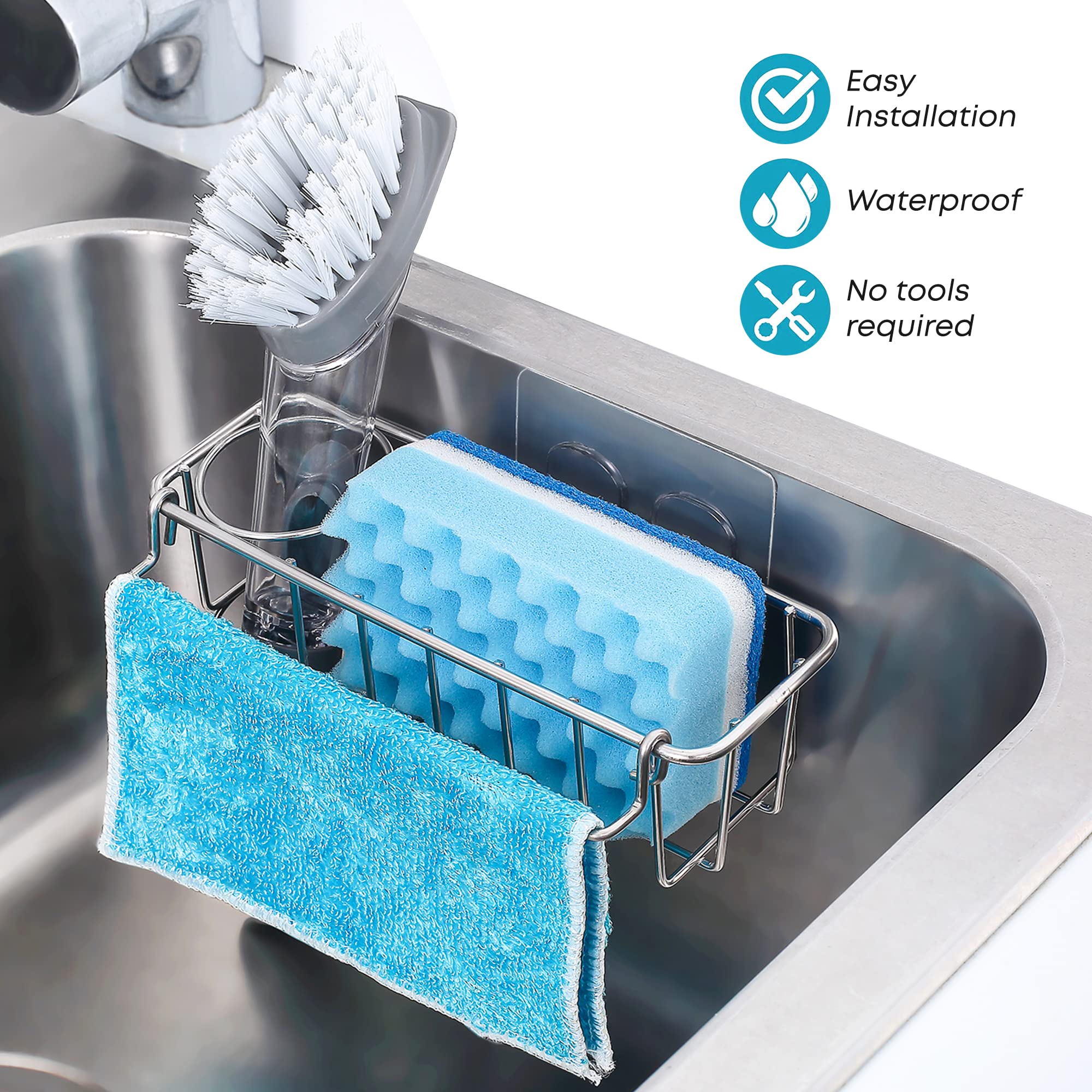 KESOL 3-in-1 Kitchen Sink Caddy with Adhesive Sponge Holder for Kitchen Sink + Dish Cloth Hanger + Dish Brush Holder, 304 Stainless Steel Rust Proof, Water Proof, No Drilling Kitchen Sink Accessories