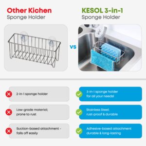 KESOL 3-in-1 Kitchen Sink Caddy with Adhesive Sponge Holder for Kitchen Sink + Dish Cloth Hanger + Dish Brush Holder, 304 Stainless Steel Rust Proof, Water Proof, No Drilling Kitchen Sink Accessories