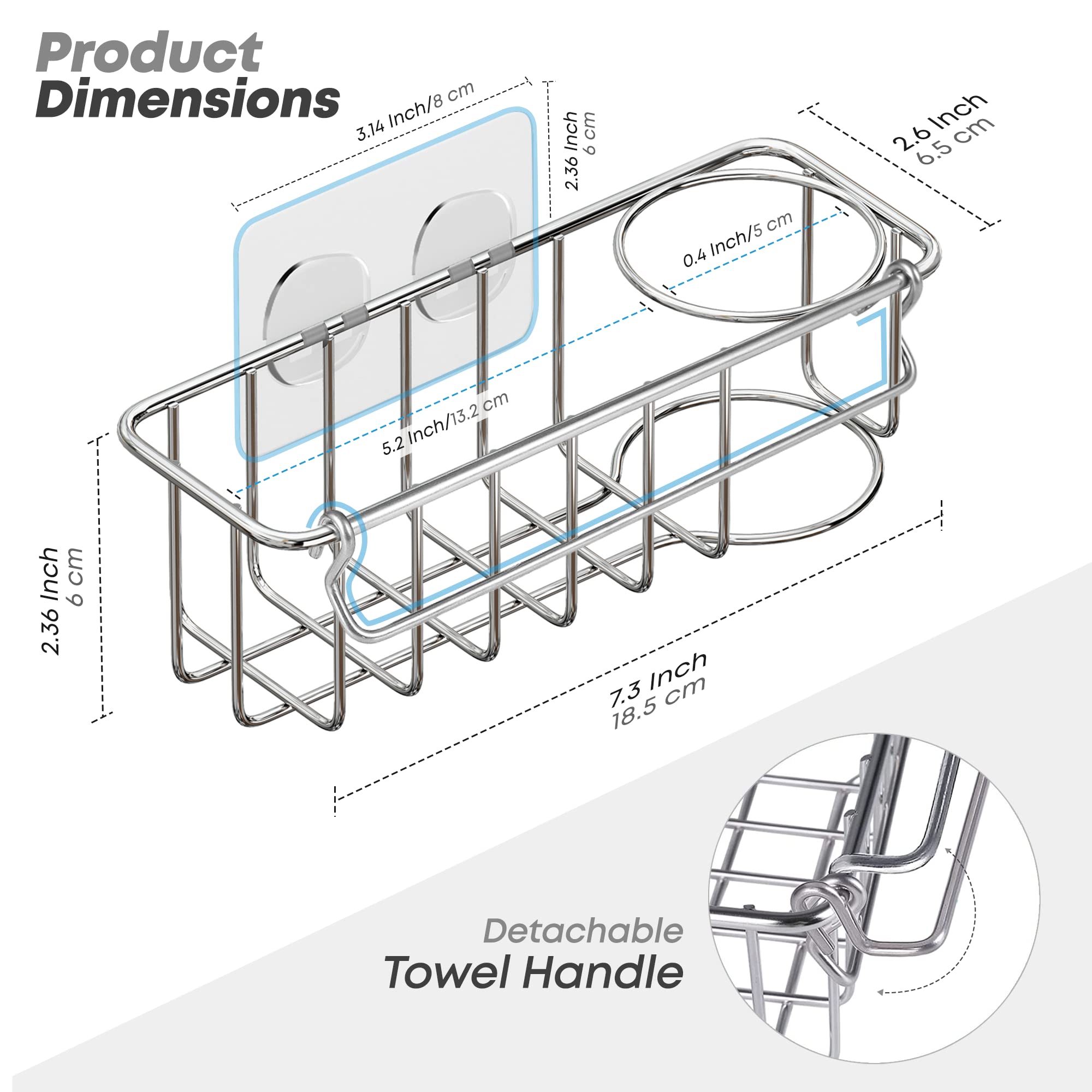 KESOL 3-in-1 Kitchen Sink Caddy with Adhesive Sponge Holder for Kitchen Sink + Dish Cloth Hanger + Dish Brush Holder, 304 Stainless Steel Rust Proof, Water Proof, No Drilling Kitchen Sink Accessories