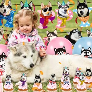 ADIANZI Siberian Husky Party Decorations Suit Funny Husky Theme Birthday Party Decorations Dogs Party Supplies Husky Birthday Party Banner Cake Topper Balloons Puppy Birthday Party Supplies