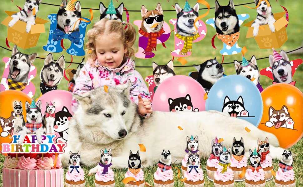 ADIANZI Siberian Husky Party Decorations Suit Funny Husky Theme Birthday Party Decorations Dogs Party Supplies Husky Birthday Party Banner Cake Topper Balloons Puppy Birthday Party Supplies