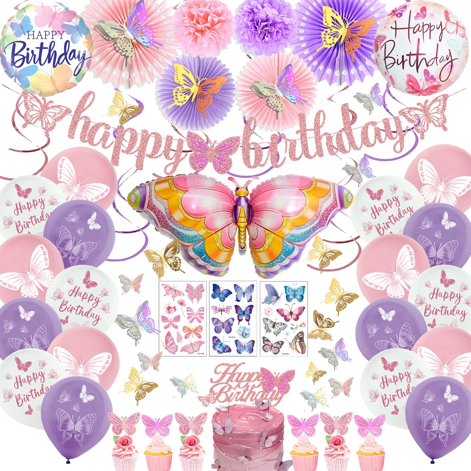 Butterfly Birthday Party Decorations Supplies, Pink & Purple Butterfly Birthday Decorations Include Paper Fans Foil Balloons Happy Birthday Banner Tattoos Wall Stickers Cake Toppers