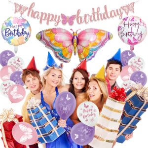 Butterfly Birthday Party Decorations Supplies, Pink & Purple Butterfly Birthday Decorations Include Paper Fans Foil Balloons Happy Birthday Banner Tattoos Wall Stickers Cake Toppers