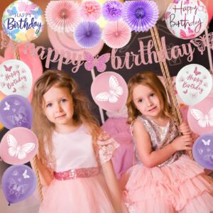 Butterfly Birthday Party Decorations Supplies, Pink & Purple Butterfly Birthday Decorations Include Paper Fans Foil Balloons Happy Birthday Banner Tattoos Wall Stickers Cake Toppers