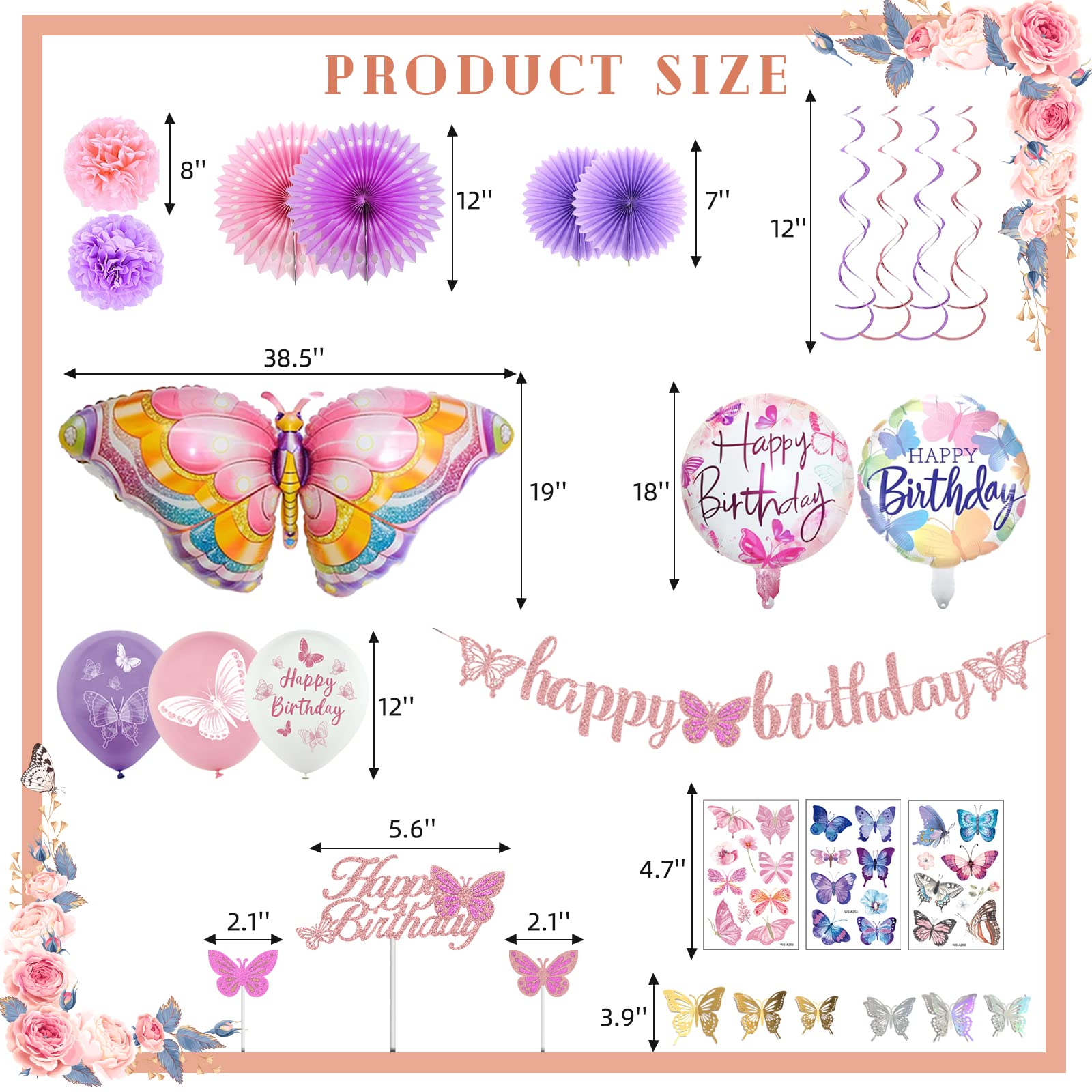 Butterfly Birthday Party Decorations Supplies, Pink & Purple Butterfly Birthday Decorations Include Paper Fans Foil Balloons Happy Birthday Banner Tattoos Wall Stickers Cake Toppers