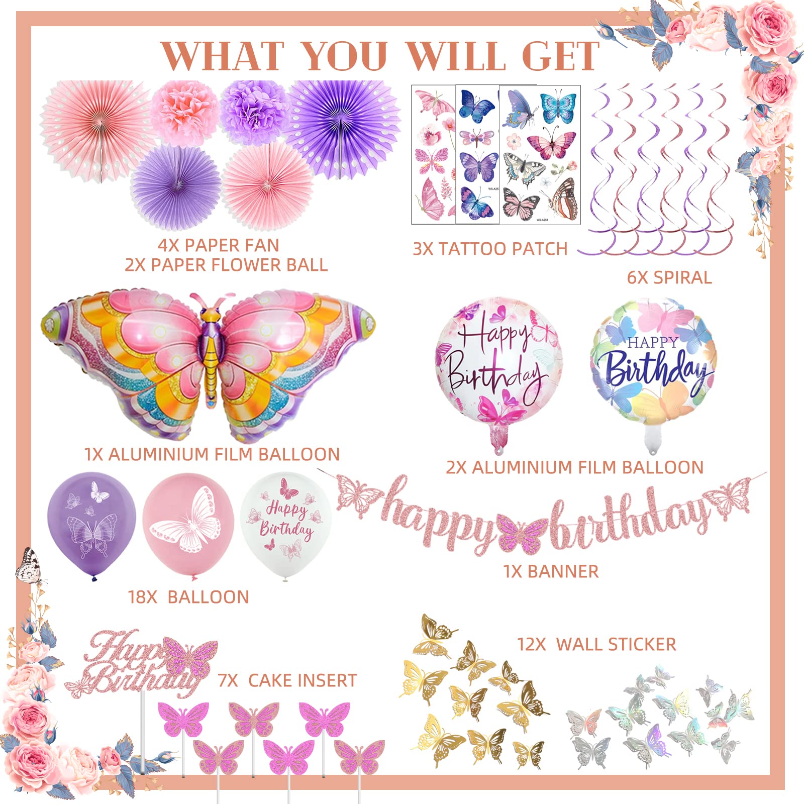 Butterfly Birthday Party Decorations Supplies, Pink & Purple Butterfly Birthday Decorations Include Paper Fans Foil Balloons Happy Birthday Banner Tattoos Wall Stickers Cake Toppers