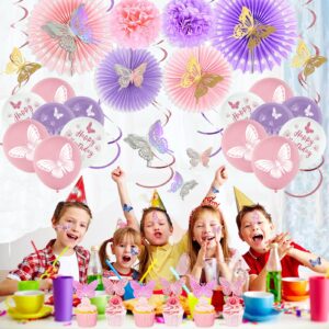 Butterfly Birthday Party Decorations Supplies, Pink & Purple Butterfly Birthday Decorations Include Paper Fans Foil Balloons Happy Birthday Banner Tattoos Wall Stickers Cake Toppers