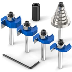 meiggtool 4pcs rabbet router bit 1/4" shank with 6 bearings set - 1/16", 1/8", 3/16", 1/4", 5/16", 3/8". interchangeable bearings with 1/2" to 1/4" router collett