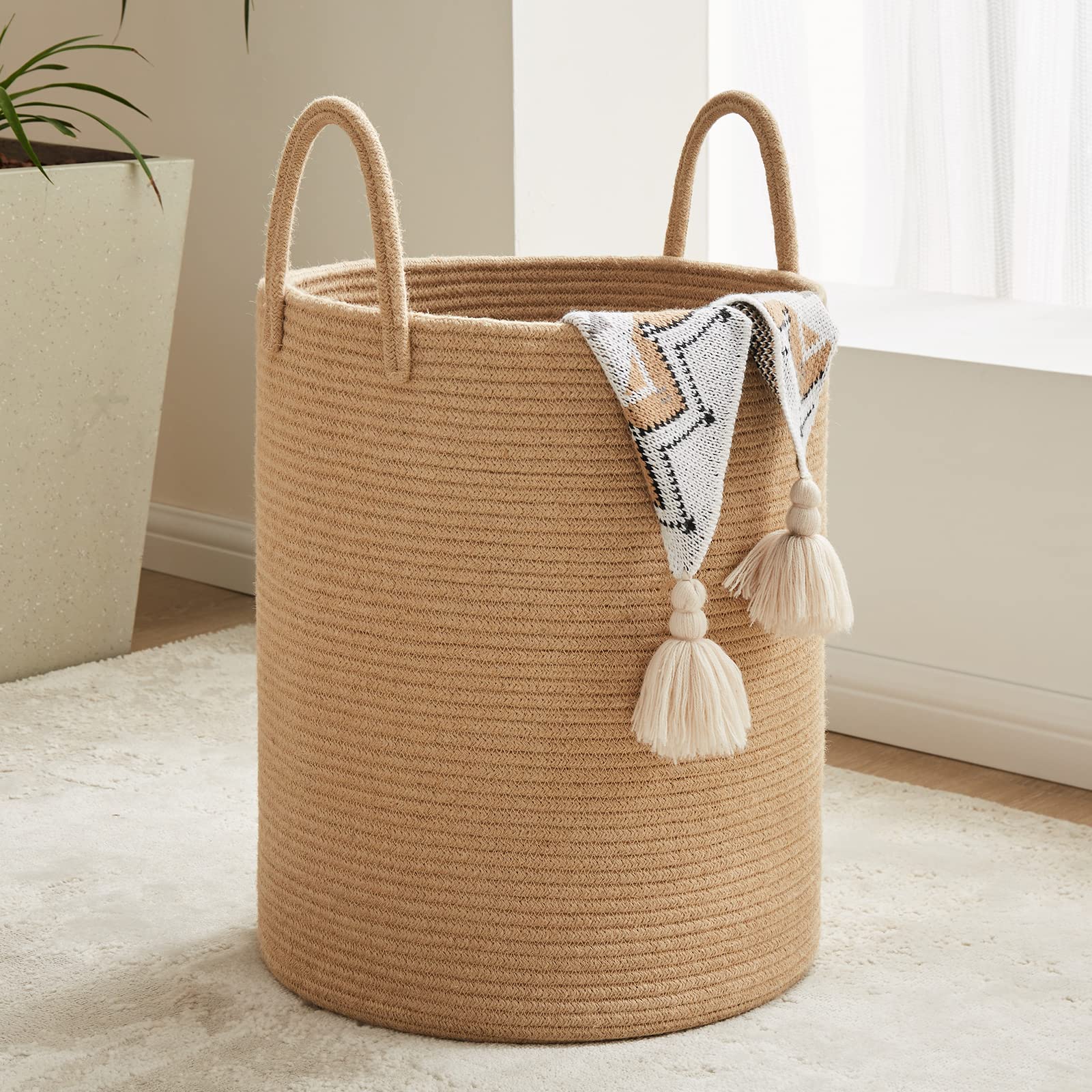 Jute Rope Laundry Hamper Basket, 58L Tall Laundry Basket for Blanket Storage, Large Baby Nursery Hamper for Laundry, Woven Clothes Hamper for Bedroom, Living Room