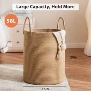 Jute Rope Laundry Hamper Basket, 58L Tall Laundry Basket for Blanket Storage, Large Baby Nursery Hamper for Laundry, Woven Clothes Hamper for Bedroom, Living Room