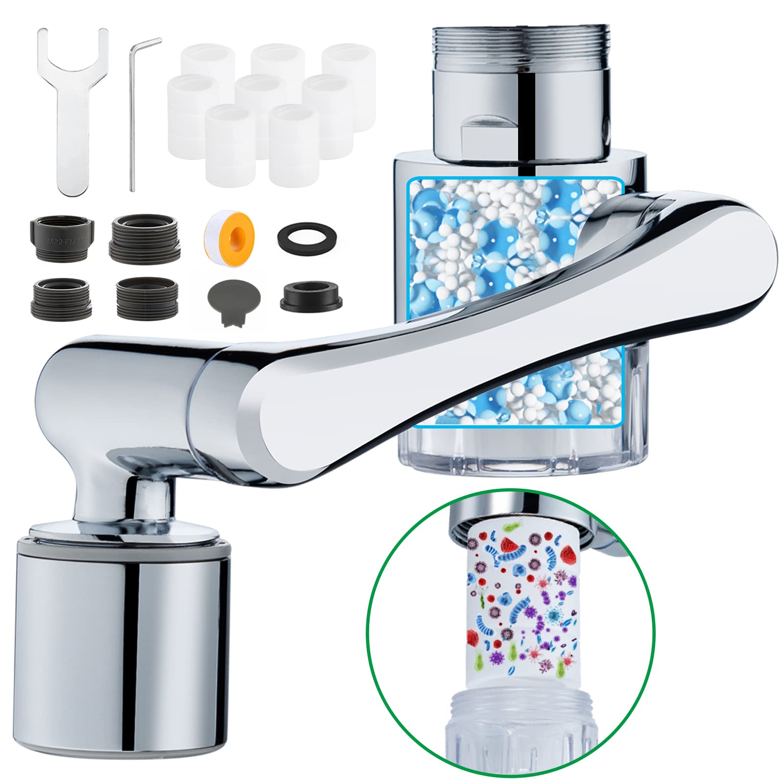 1440° Faucet Extender,2 Modes Pressurized Spray Attachment, Splash Filter Sink Faucet Aerator-Comes with 8 Replaceable Water Purifiers, Solid Brass Robotic Arm for Kitchen/Bathroom Face/Eye Wash