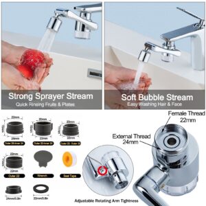 1440° Faucet Extender,2 Modes Pressurized Spray Attachment, Splash Filter Sink Faucet Aerator-Comes with 8 Replaceable Water Purifiers, Solid Brass Robotic Arm for Kitchen/Bathroom Face/Eye Wash