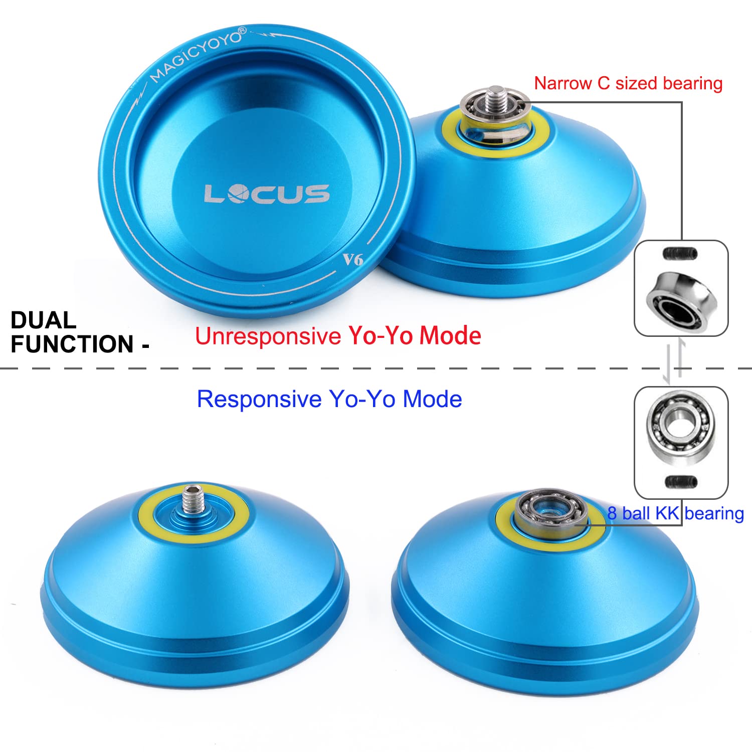 MAGICYOYO V6 Locus Pro Responsive Yoyo & Unresponsive Yo-yo for Kids Adults, Advanced Yoyos Tricks, Magic Yoyo V6 Metal Yo Yo with Unresponsive Bearing+ 10 Yo Yos Strings+Bag+ Remover, Deep Blue